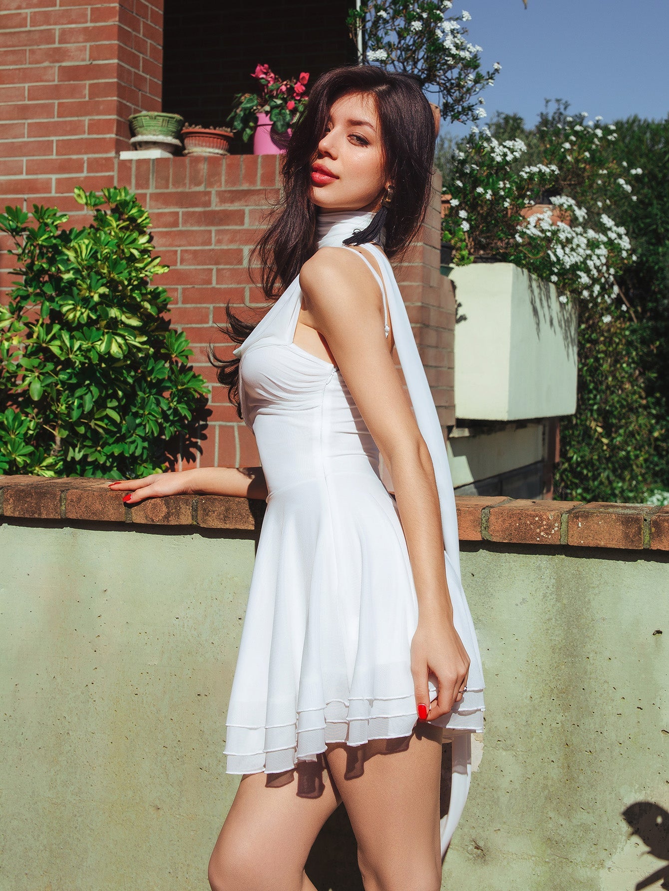 Halter Neck Ruched Bust Pleated Hem Mesh Dress