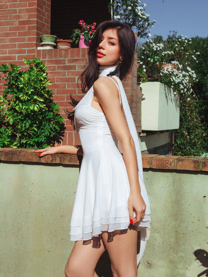 Halter Neck Ruched Bust Pleated Hem Mesh Dress