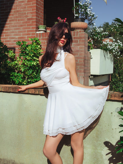 Halter Neck Ruched Bust Pleated Hem Mesh Dress