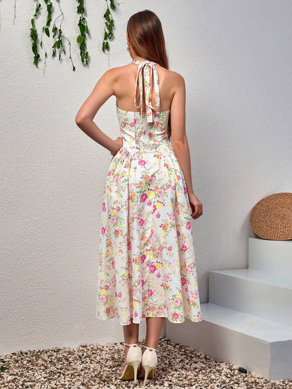 Halter Tie Smocking Floral Print Bodycon Dress
