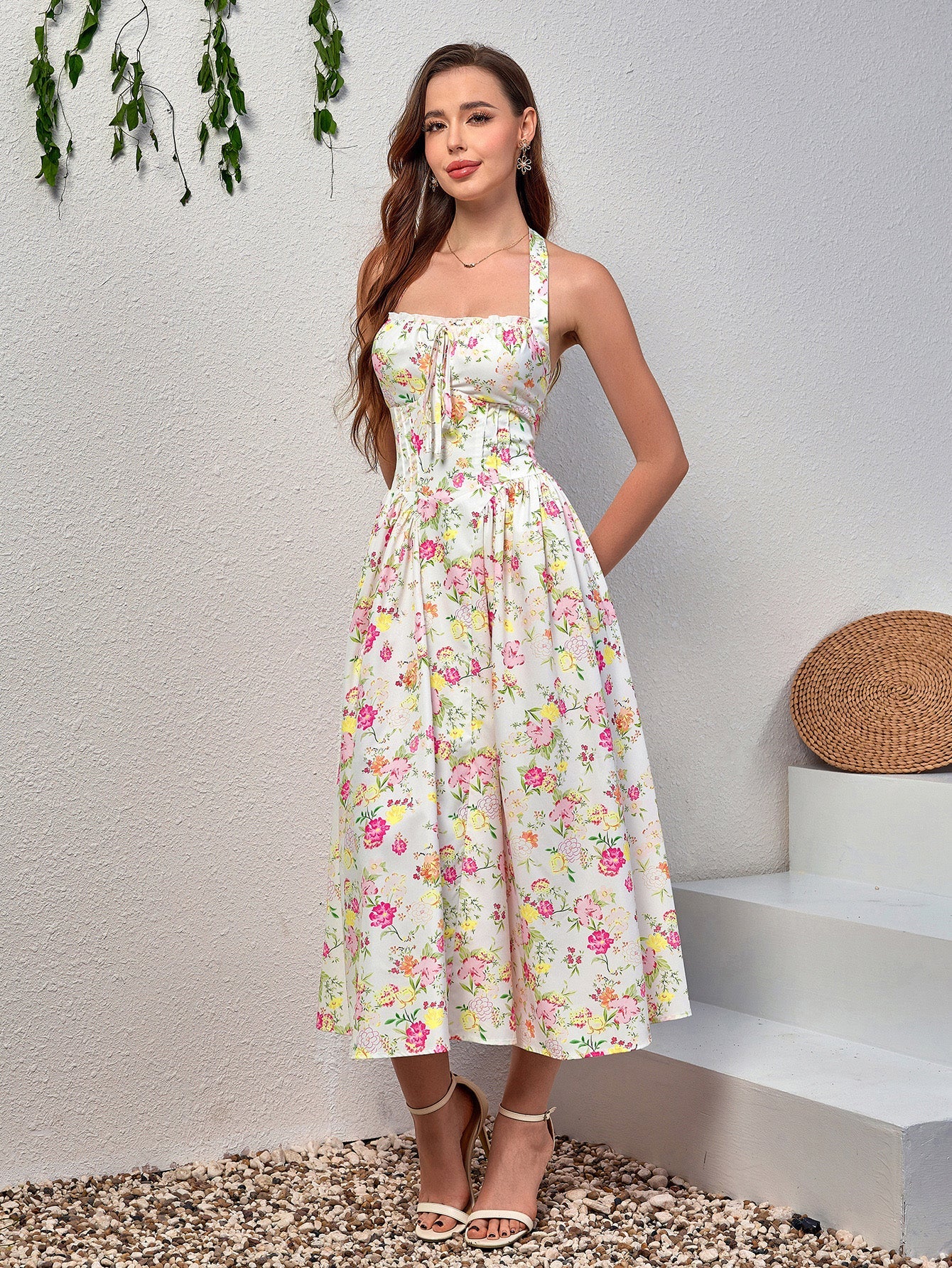 Halter Tie Smocking Floral Print Bodycon Dress