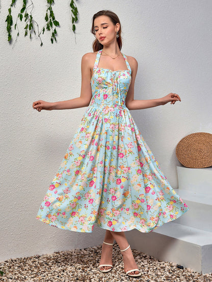Halter Tie Smocking Floral Print Bodycon Dress