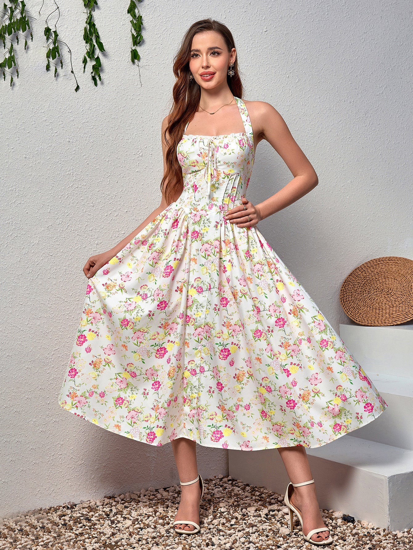 Halter Tie Smocking Floral Print Bodycon Dress