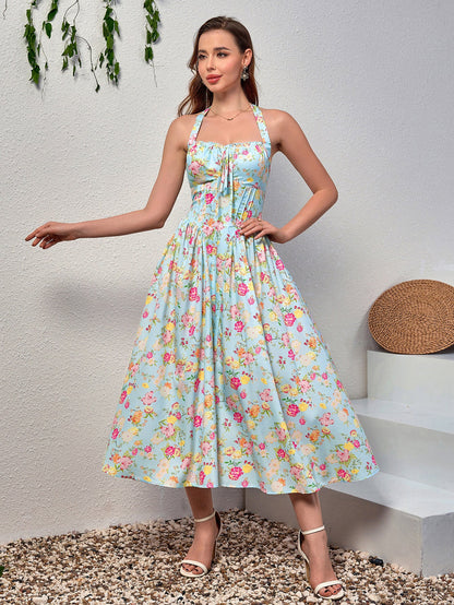 Halter Tie Smocking Floral Print Bodycon Dress