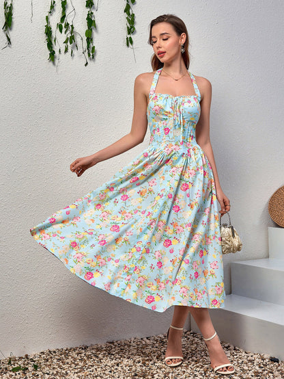 Halter Tie Smocking Floral Print Bodycon Dress