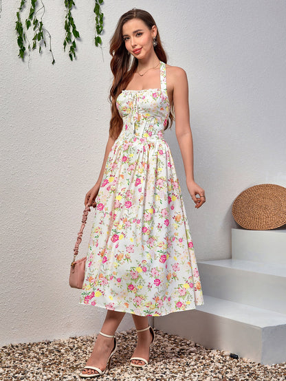 Halter Tie Smocking Floral Print Bodycon Dress