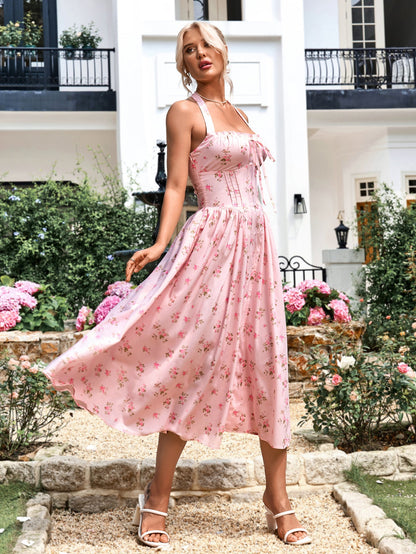 Halter Tie Smocking Floral Print Bodycon Dress
