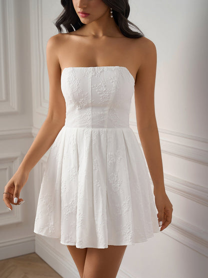 Jacquard Ruched Back Flared Hem Tube Dress