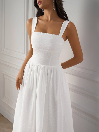 Jacquard Ruched Back Flared Solid Dress