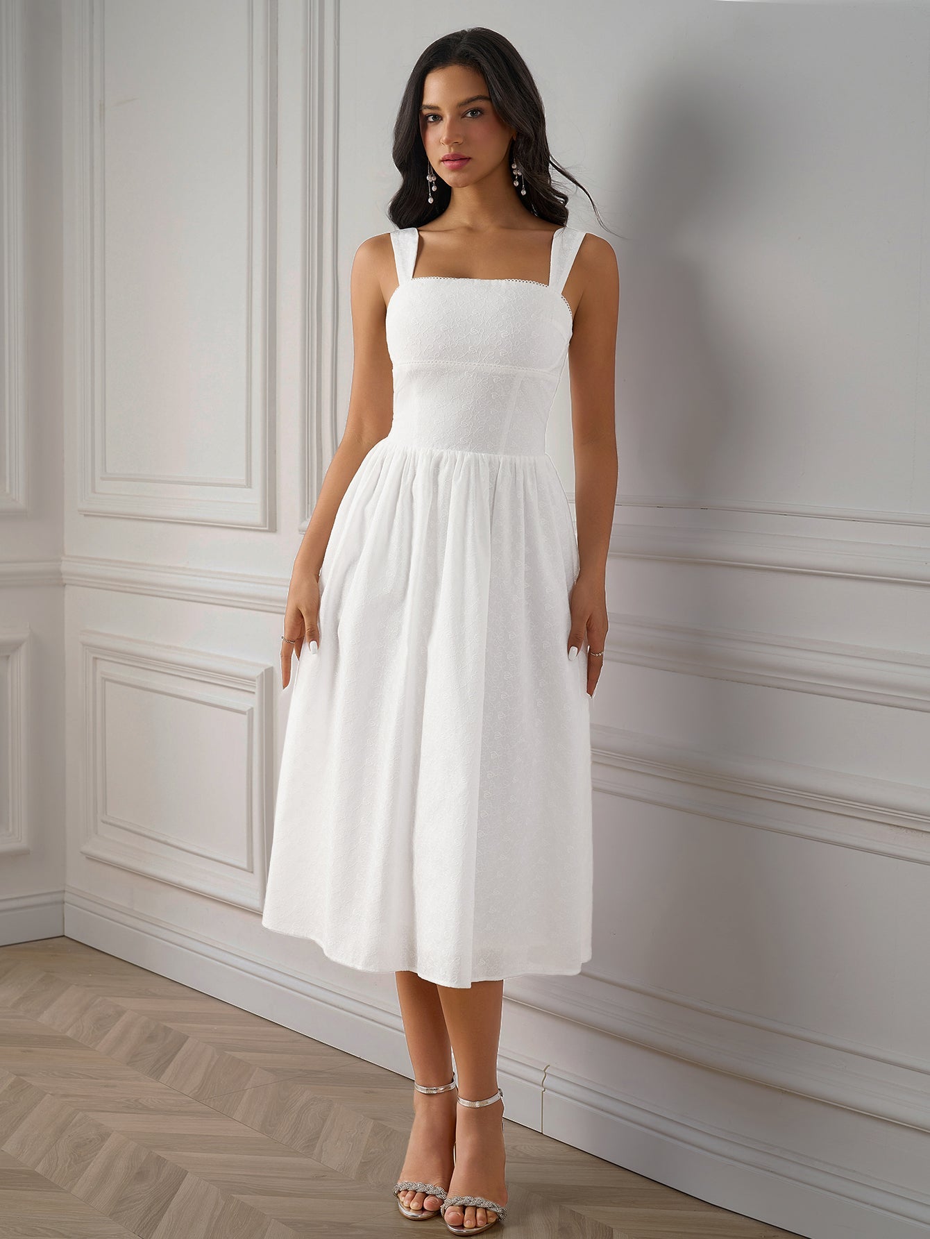 Jacquard Ruched Back Flared Solid Dress