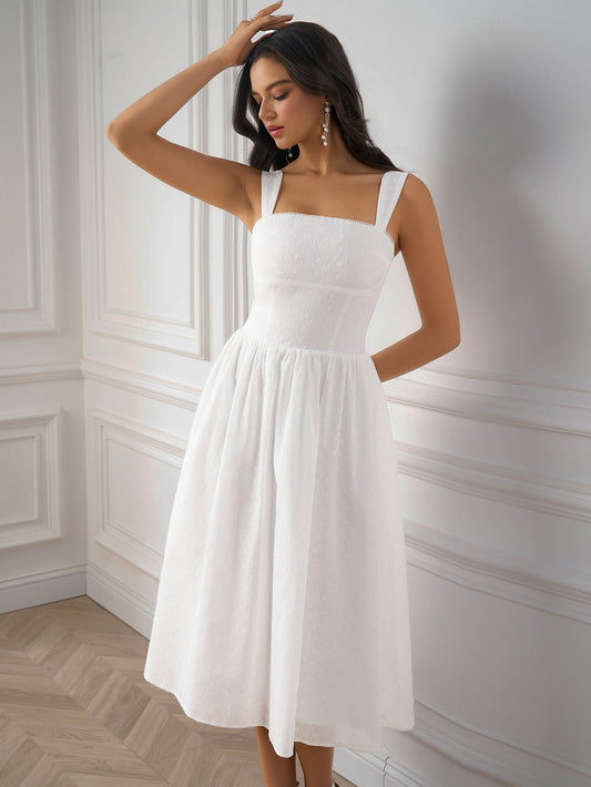Jacquard Ruched Back Flared Solid Dress