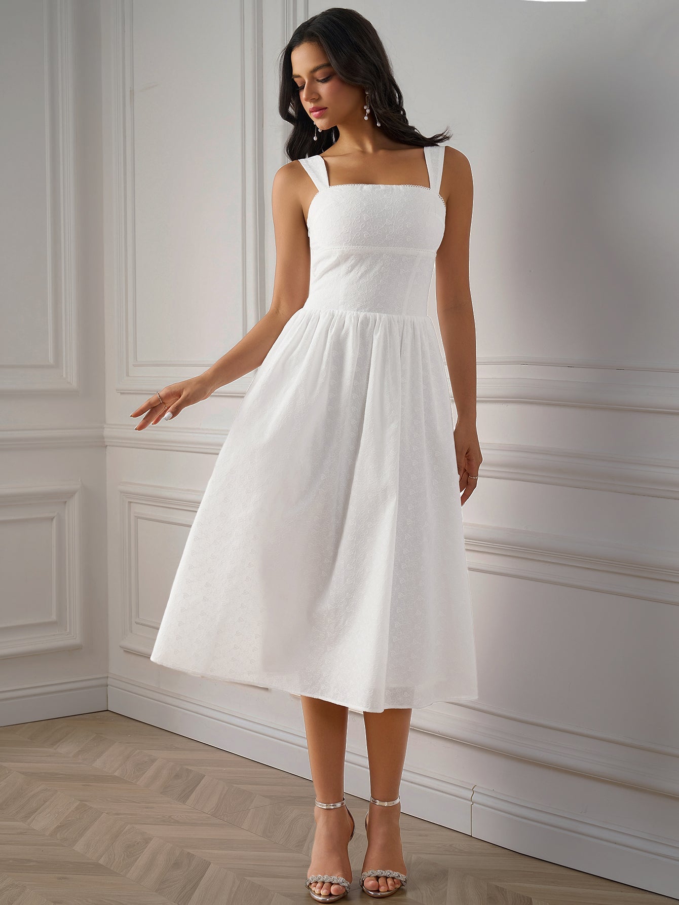 Jacquard Ruched Back Flared Solid Dress