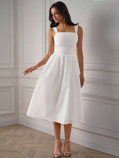Jacquard Ruched Back Flared Solid Dress