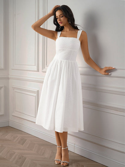 Jacquard Ruched Back Flared Solid Dress
