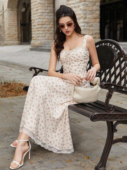 Lace Spliced Tie Front Floral Print Maxi Dress