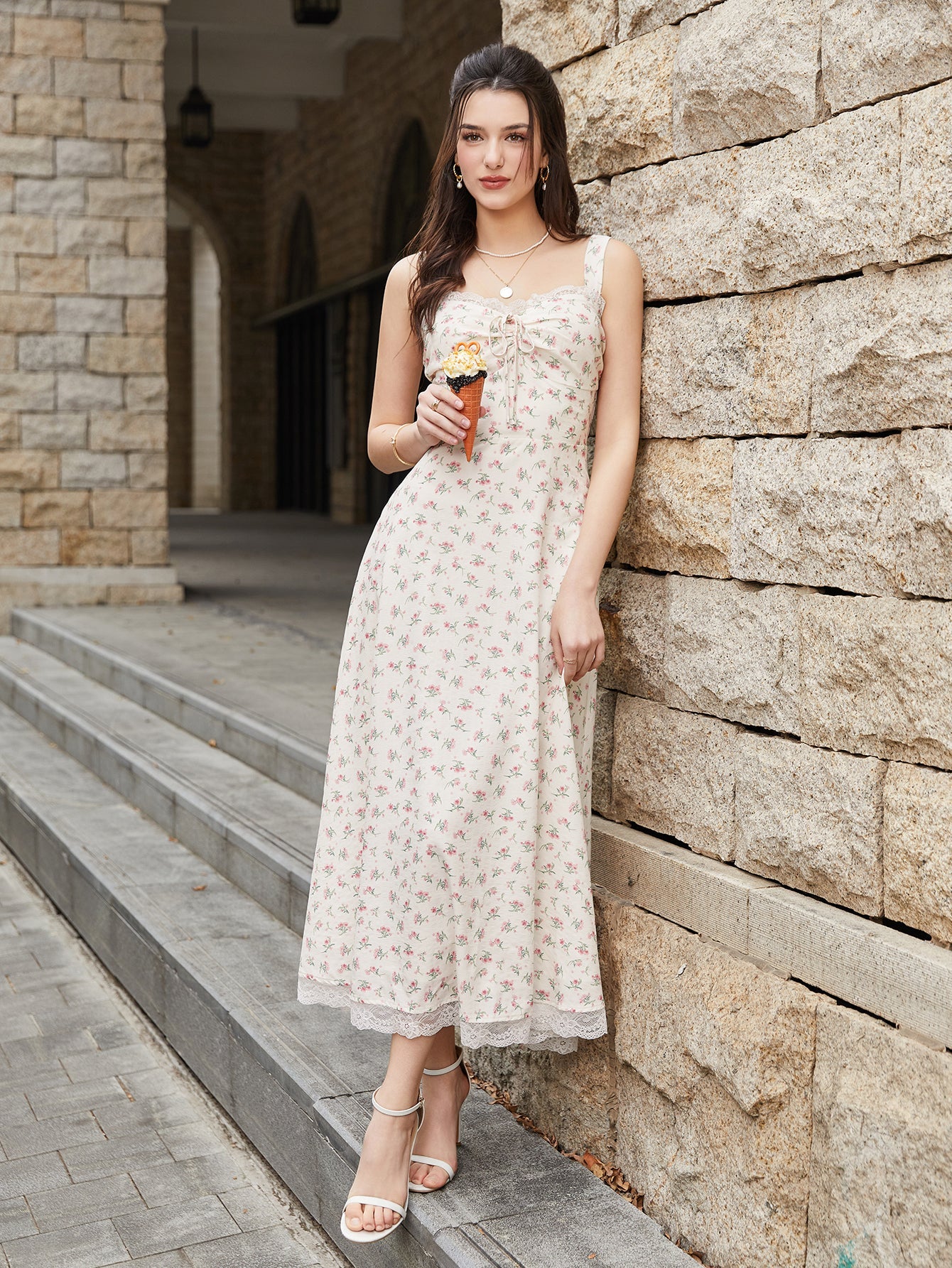 Lace Spliced Tie Front Floral Print Maxi Dress