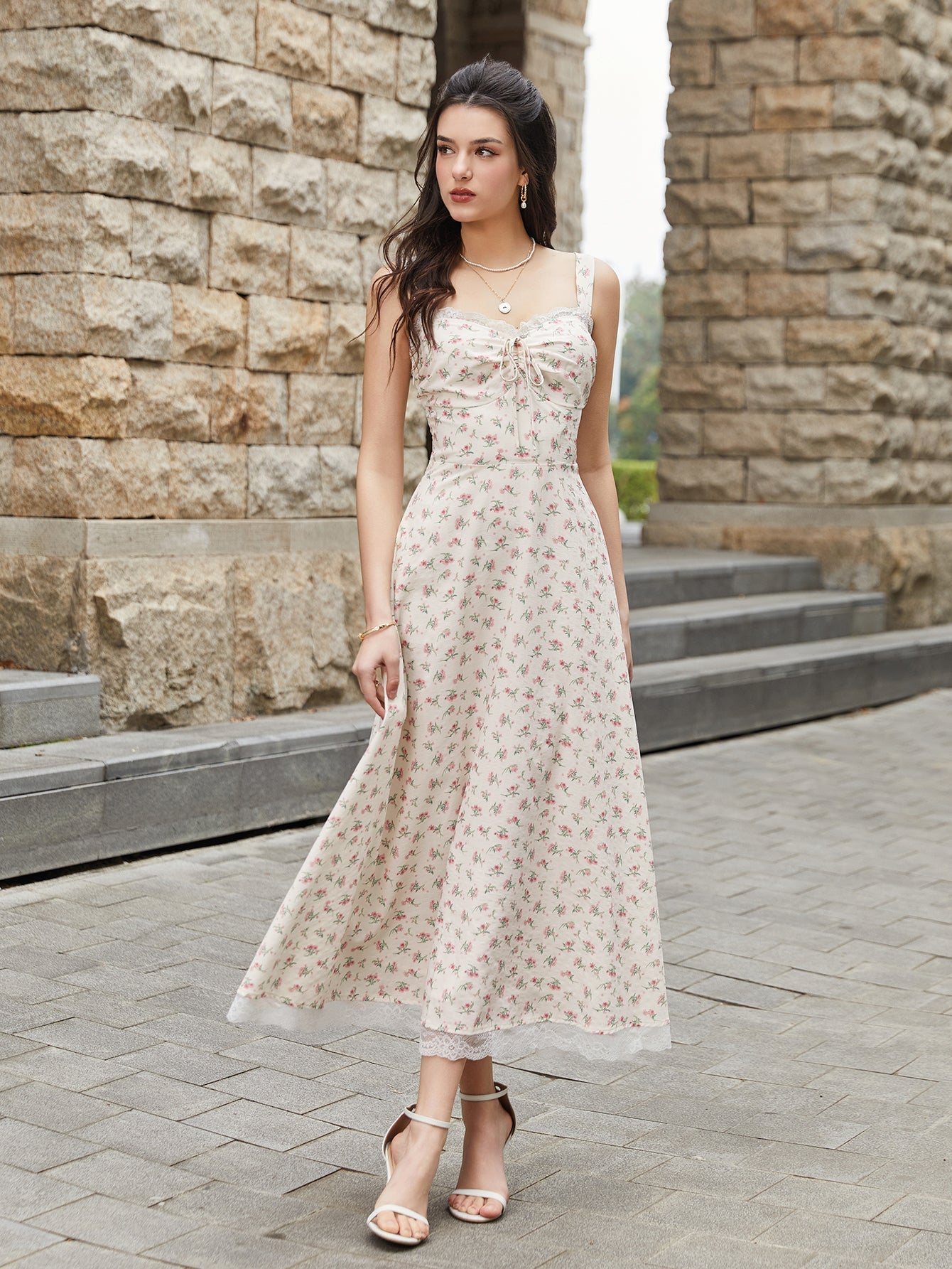 Lace Spliced Tie Front Floral Print Maxi Dress