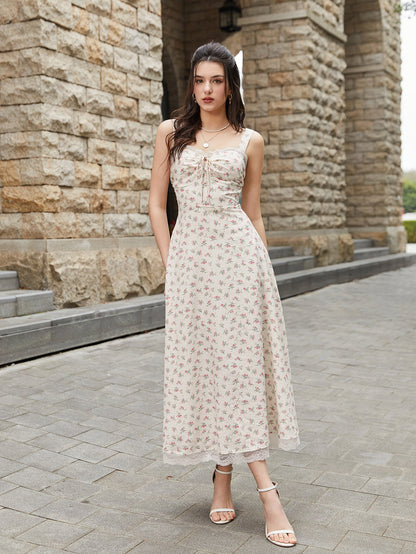 Lace Spliced Tie Front Floral Print Maxi Dress