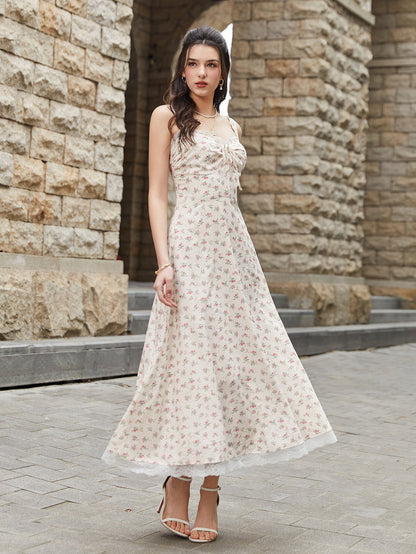 Lace Spliced Tie Front Floral Print Maxi Dress
