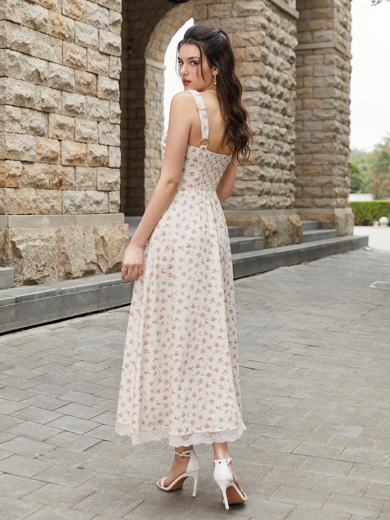 Lace Spliced Tie Front Floral Print Maxi Dress