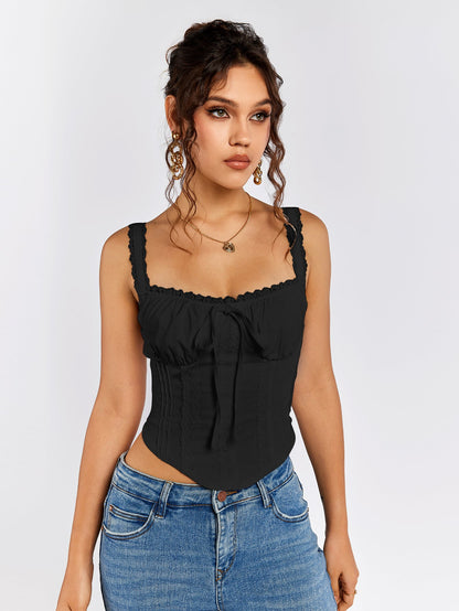 Lace Trim Ruched Bust Tie Front Tank Top