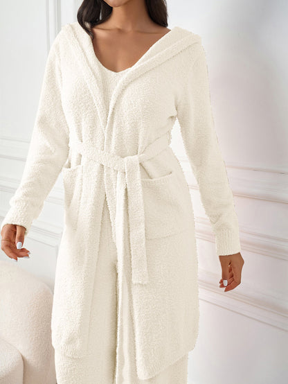 Long Sleeve Pocket Belted Hood Solid Sweater