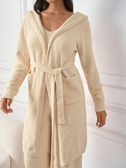 Long Sleeve Pocket Belted Hood Solid Sweater