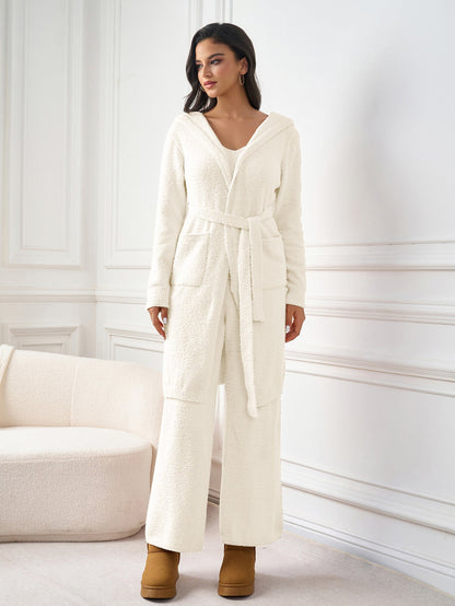 Long Sleeve Pocket Belted Hood Solid Sweater