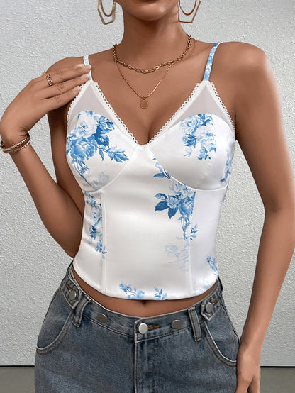 Mesh Patchwork Floral Print Boning Cami Top