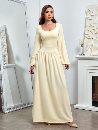 Puff Sleeve Square Neck Flared Bodycon Long Dress