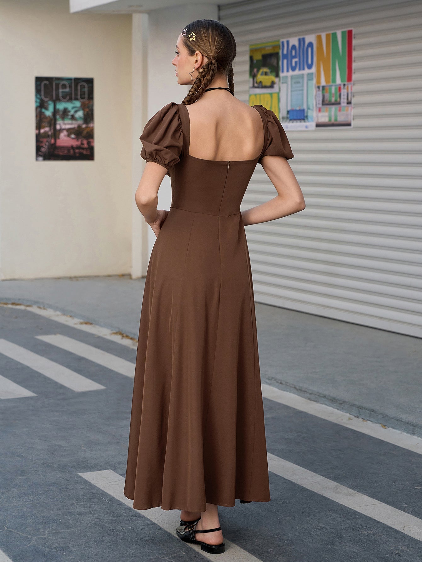 Puff Sleeve Tie Front Off Shoulder Slit Thigh Dress