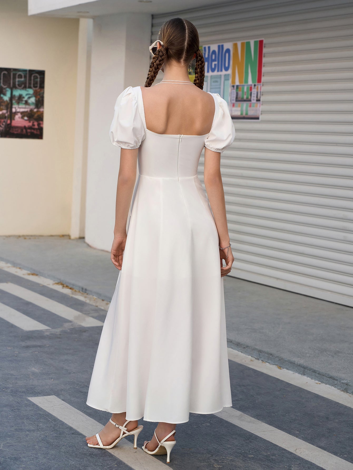 Puff Sleeve Tie Front Off Shoulder Slit Thigh Dress