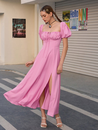 Puff Sleeve Tie Front Off Shoulder Slit Thigh Dress