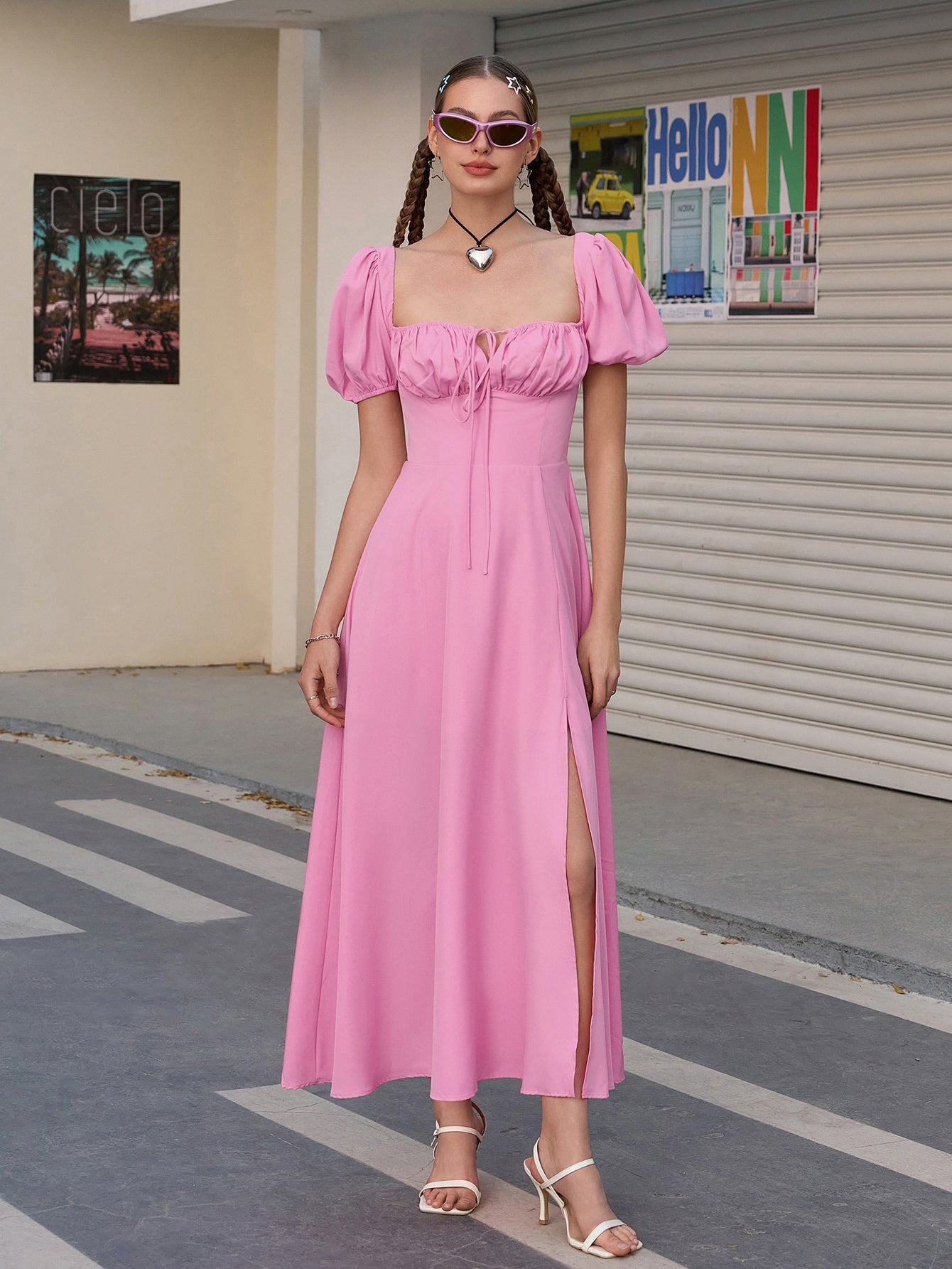 Puff Sleeve Tie Front Off Shoulder Slit Thigh Dress