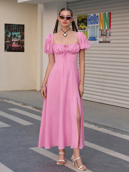 Puff Sleeve Tie Front Off Shoulder Slit Thigh Dress