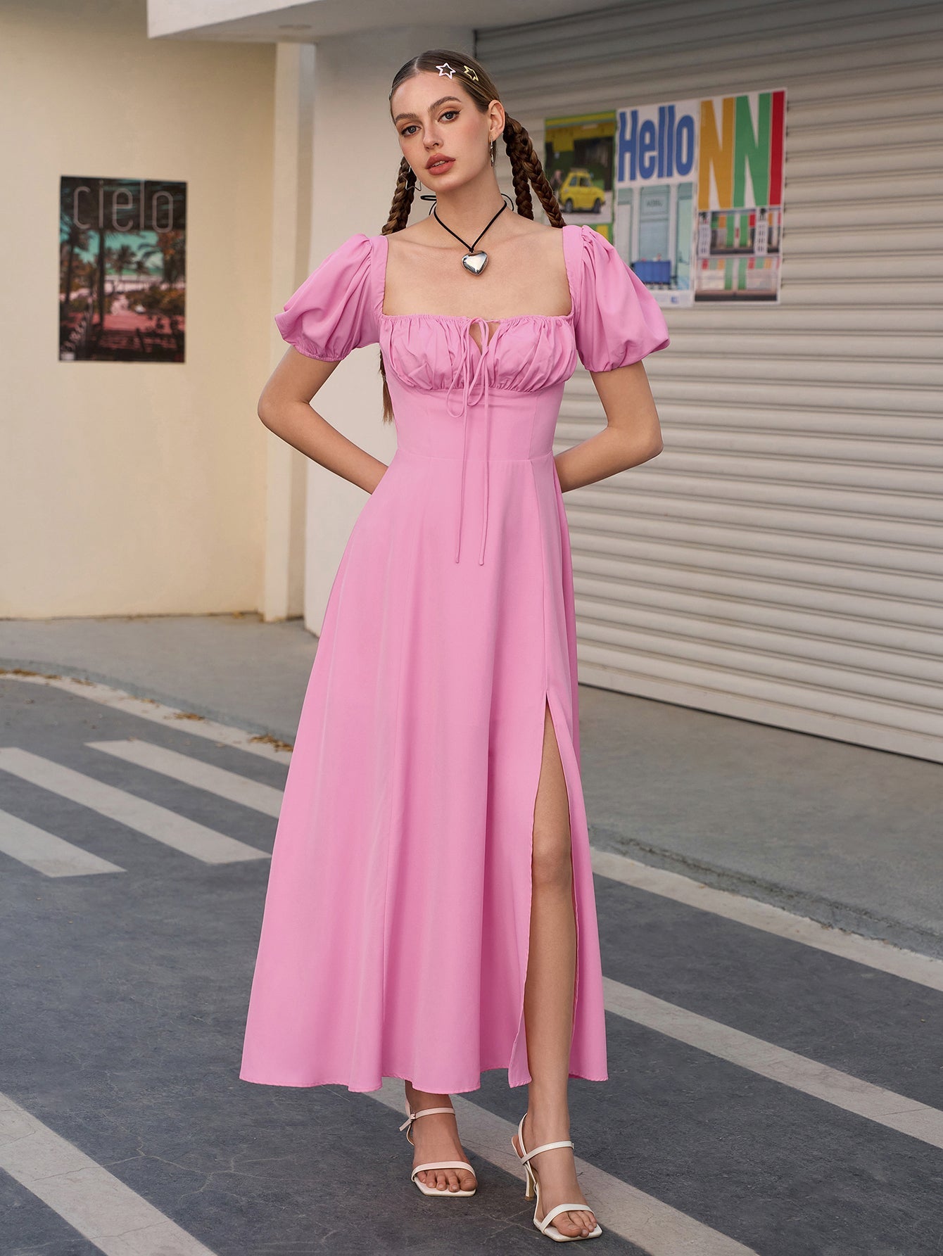 Puff Sleeve Tie Front Off Shoulder Slit Thigh Dress