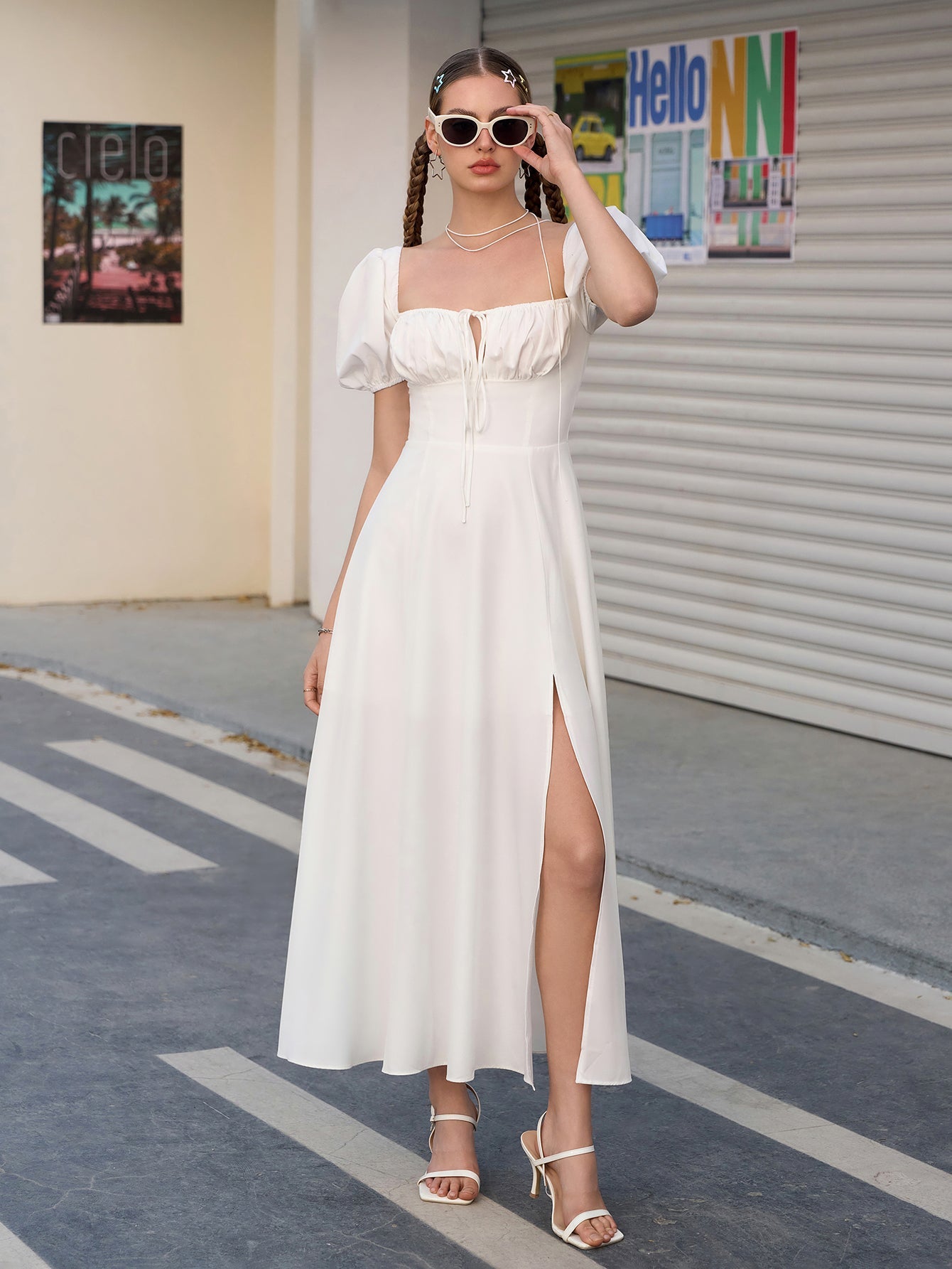 Puff Sleeve Tie Front Off Shoulder Slit Thigh Dress