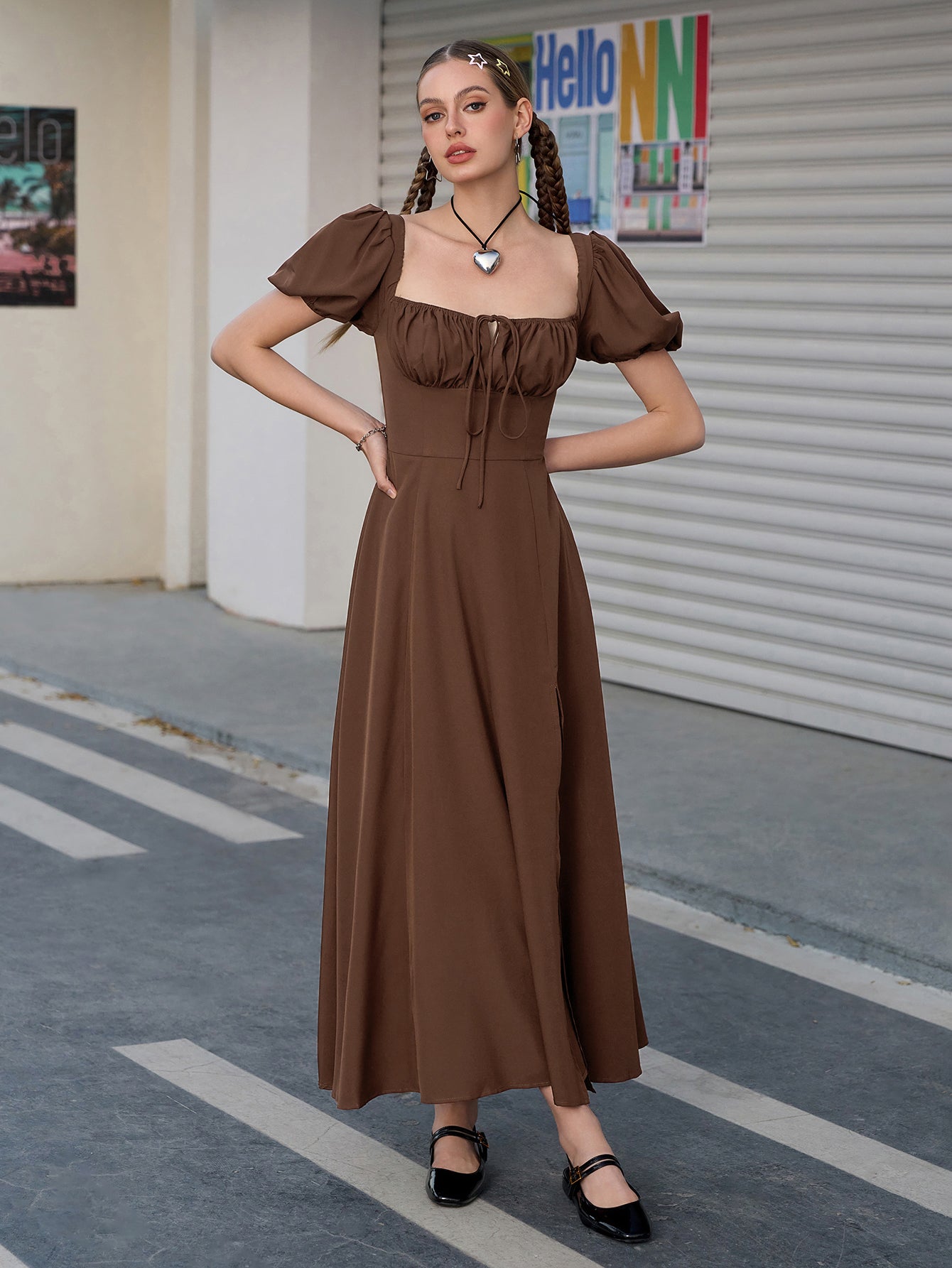 Puff Sleeve Tie Front Off Shoulder Slit Thigh Dress