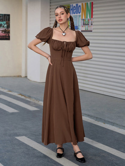 Puff Sleeve Tie Front Off Shoulder Slit Thigh Dress