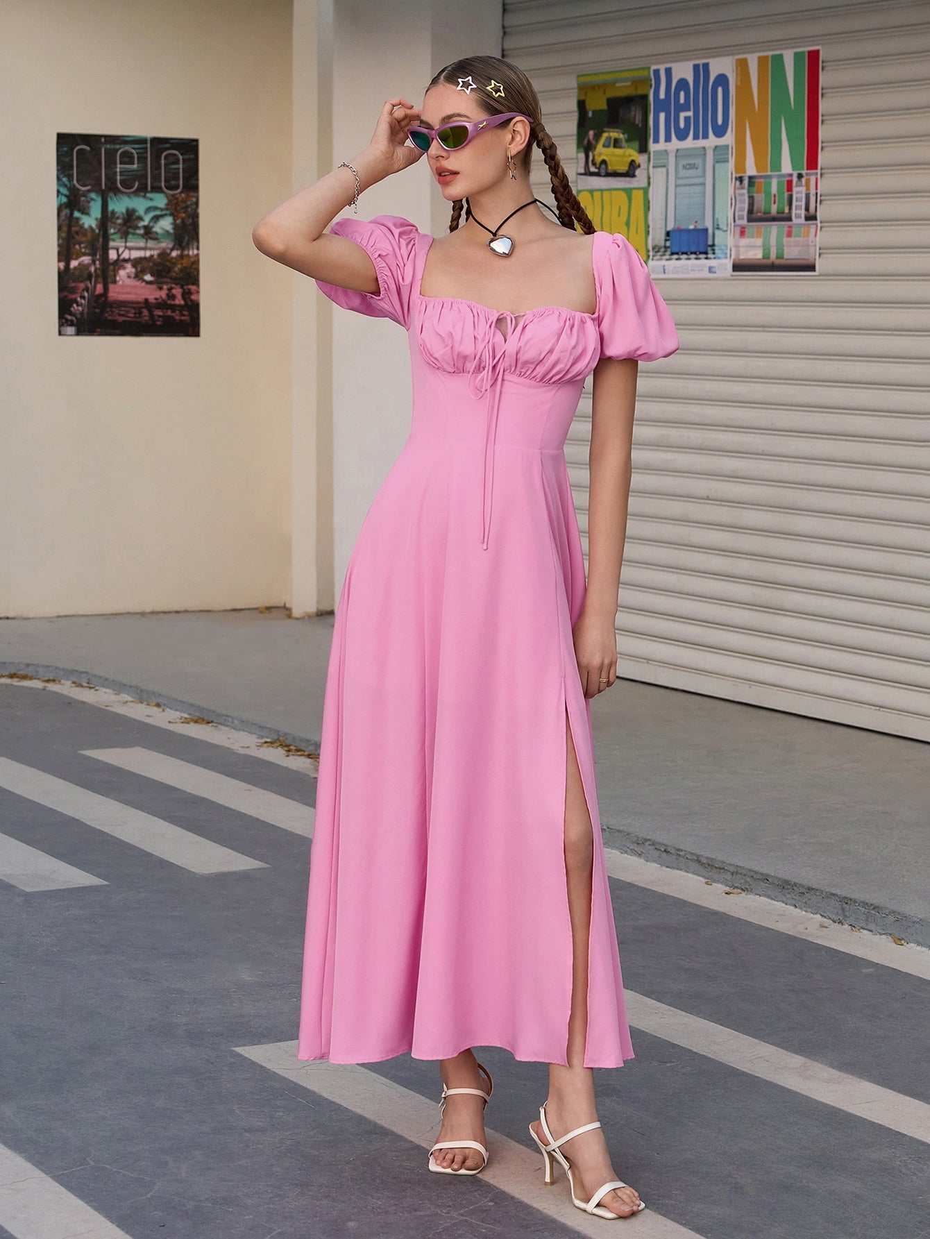 Puff Sleeve Tie Front Off Shoulder Slit Thigh Dress