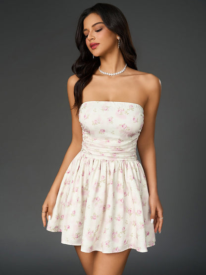Ruched Bow Tie Back Floral Print Tube Dress