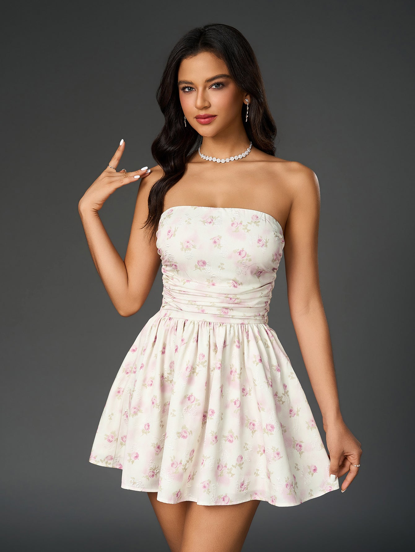 Ruched Bow Tie Back Floral Print Tube Dress