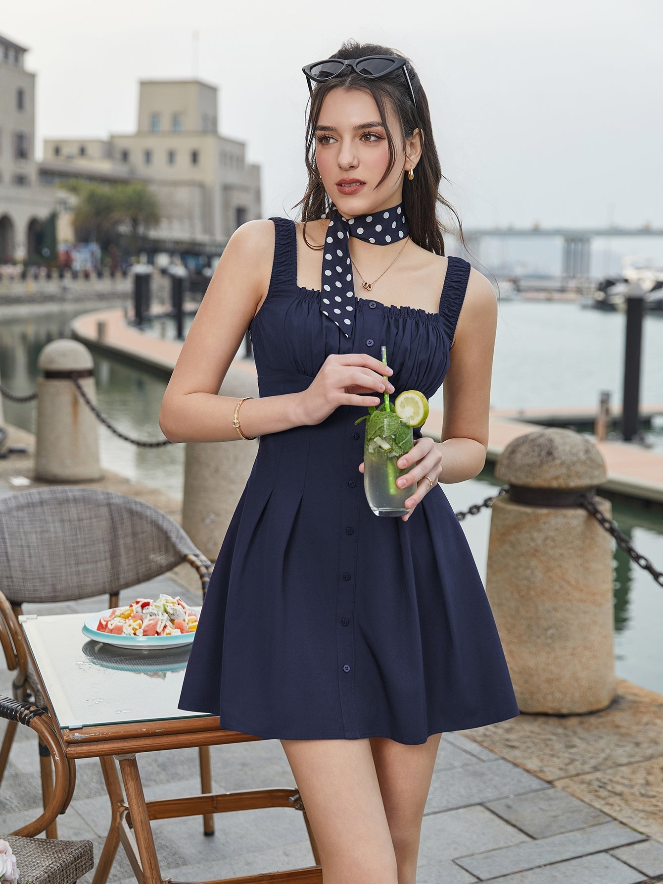 Ruched Bust Embellished Button Pleated Dress