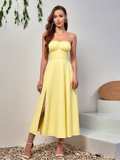 Ruched Bust Split Thigh Maxi Tube Dress