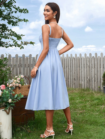 Ruched Bust Tie Front Split Thigh Ruched Cami Dress