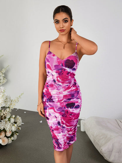 Ruched Floral Print Backless Bodycon Cami Dress