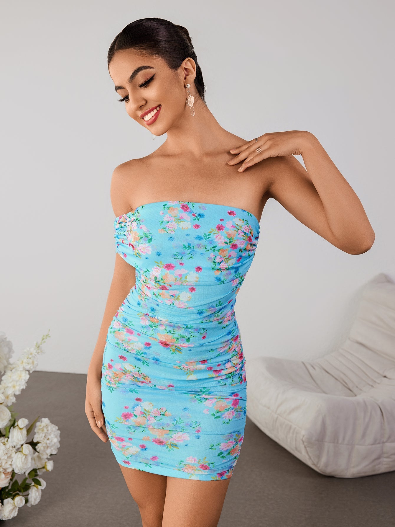 Ruched Off Shoulder Floral Print Mesh Tube Dress