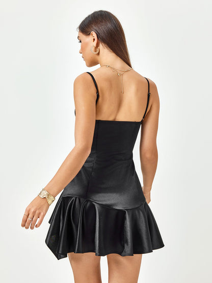 Satin Corset Zipper Asymmetrical Hem Mini Dress