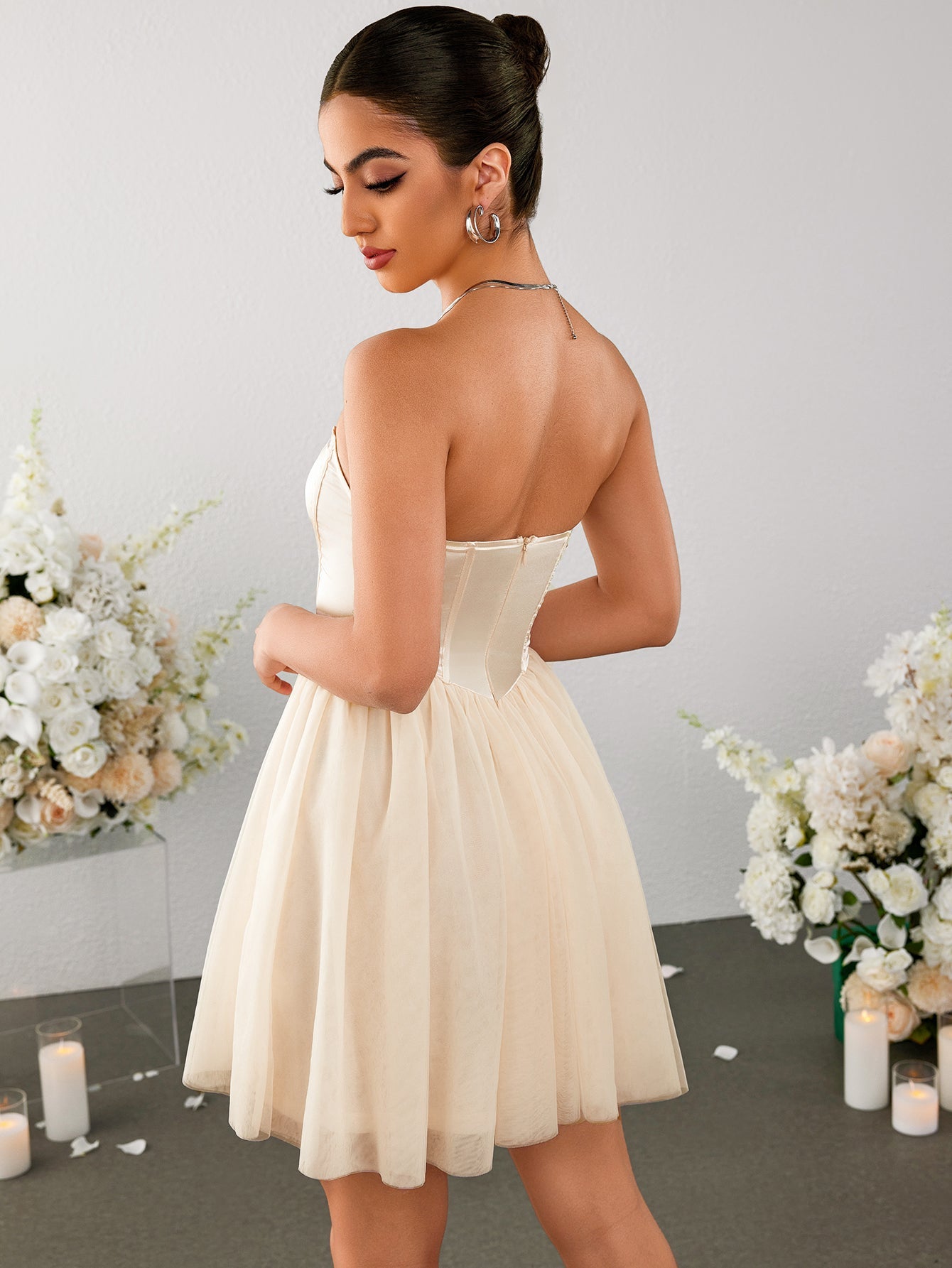 Satin Patchwork Mesh Backless Tube Dress