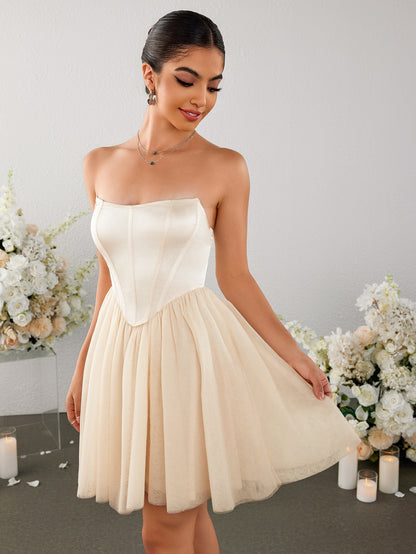 Satin Patchwork Mesh Backless Tube Dress